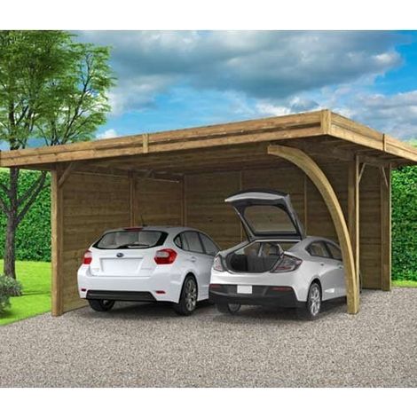 Carport en bois traité autoclave 2 véhicules – Dimensions 5064 x 6064 mm – Toit plat en métal – Poteau courbé pour stationnement facile – Solid (1/4)
