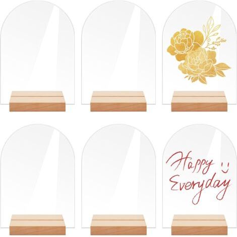 6 Pièces Panneaux en Acrylique Transparent, Panneaux Acryliques en Arc de Cercle, avec Porte-cartes en Bois, pour Numéros de Table, pour anniversaire de mariage, Baptême,Décorations de Tab(14 x 10 cm) (1/5)