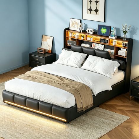 140 x 190 cm großes Stauraumbett mit LED-Beleuchtung, Erwachsenenbett mit hydraulischem Stauraum, gepolstertes Bett, Lattenrost aus Holz, PU-Bezug, schwarz