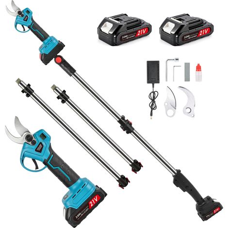 Sécateur électrique sans fil 35mm, perche télescopique 2,6 m, 2x2,0Ah, LCD Perche alu 2,6 m coupe 25/35 mm tête 180° écran LCD + 2x2,0Ah taille arbres, vigne, haies (1/5)