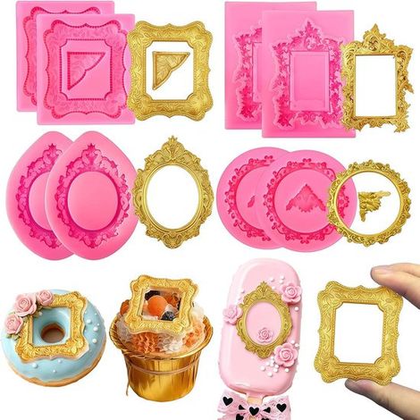 Moules à chocolat en silicone 8 pièces – Moules de cuisson pour fondant et décoration de gâteaux – Formes de cadres photo baroques – Pour cupcakes et pâtisserie créative – Rose (1/5)