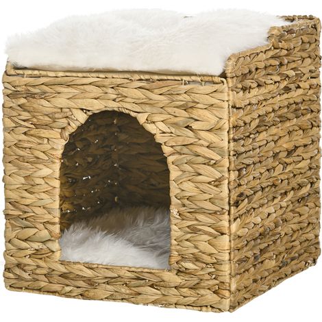 Zweistöckiges Katzenhaus mit zwei Kissen aus Wasserhyazinthe – 37,5 x 37,5 x 41,5 cm, cremefarben