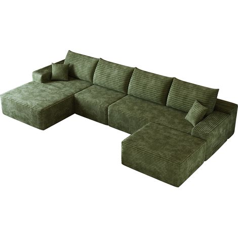 Sofá esquinero modular en L de 340 cm, terciopelo acanalado verde, asiento profundo, sin montaje (1/5)