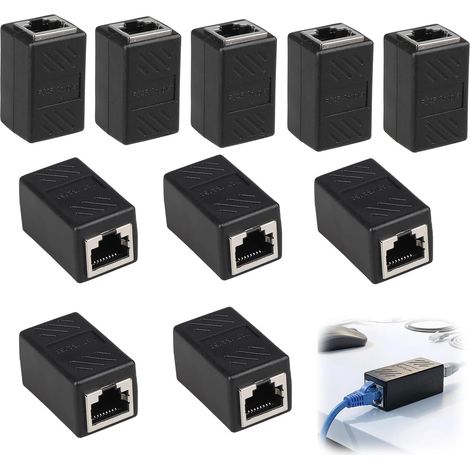 10 x RJ45 Cat7 Cat6 Cat5e Cat5 Ethernet-Stecker, Gigabit-geschirmte RJ45 Cat7 Buchse-zu-Buchse-Kupplung, LAN-Verlängerungsadapter, Ethernet-Kupplung für Heimnetzwerkkabel (1/5)