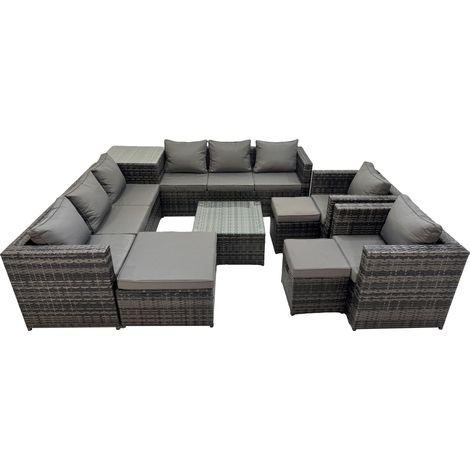 Fimous Garden Rattan Outdoor Furniture Set 11 Seater Patio Corner Sofa Coffee Table with 3 Stool Side Table Dark Grey (1/5)