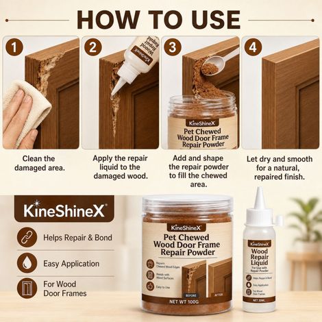 KineShineX Reparaturset für Holztürrahmen nach Tierbissen, 100 g Füll- und Ausgleichspulver für Holzdefekte (1/4)