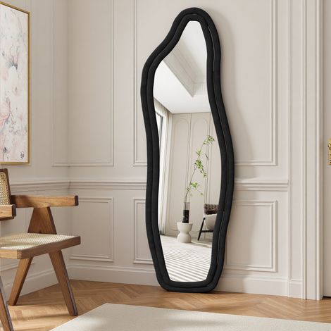 Miroir Plein Corps, 160x50cm, Bordure Velours, Verre Trempé HD, Design Irrégulier Décoratif, Chambre Salon Entrée, Noir (1/5)
