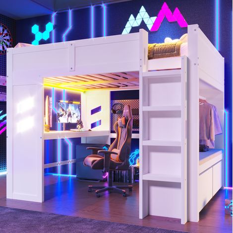 DESVIAE lit mezzanine 140 x 200 cm avec bureau led usb type c tiroirs et portique pour vêtements blanc pin mdf (1/5)
