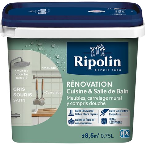 Peinture Rénovation Cuisine et Bain - Satin - 0,75L - Gris Souris - Ripolin (1/5)