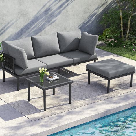 Muebles de jardín de acero galvanizado negro/gris, con tablero de vidrio, resistentes al clima (1/5)
