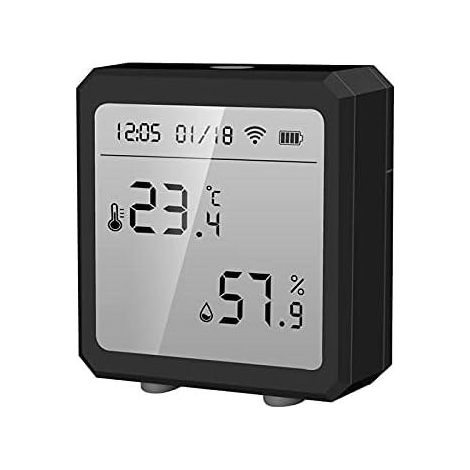 Thermomètre Hygromètre WiFi Bluetooth Intérieur Extérieur, Capteur de Température et Humidité avec Rétroéclairage, Contrôle via Application Tuya, Noir (1/5)