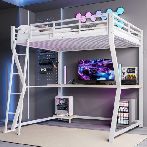 Cama alta 140x200 cm blanca de metal y MDF con escritorio, LED, enchufes USB y escalera (1/5)