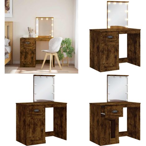 Coiffeuse avec lumières LED chêne fumé 90x42x132,5 cm - Coiffeuse - Meuble De Salle De Bain - Table De Maquillage - Éclairage Led - Miroir - Home & Living