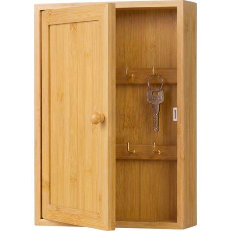 Wall-Mounted Bamboo Key Box, 8 Hooks, Magnetic Door (1/5)