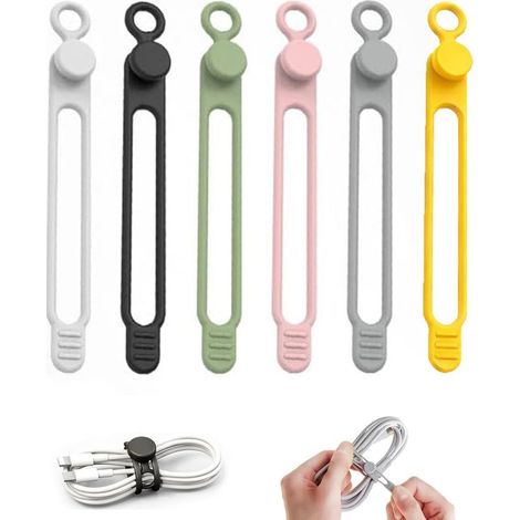 Lot de 6 Attache-Câbles en Silicone Réutilisables - Organisateur de Fils et Câbles pour Bureau, Maison et Voyage - Rangement Électrique Pratique (1/5)