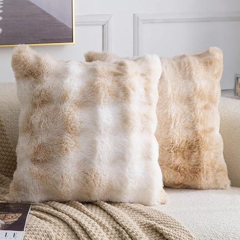 Doux Peluche Laine Courte Toison Décoratif Housses de Coussin pour canapé Chambre Beige Chameau 45 x 45 cm (1/5)