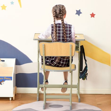 HOMCOM Bureau enfant Vintage style pupitre d'écolier - ensemble bureau et chaise réglable - case de rangement. bracket. range-stylos - acier kaki MDF aspect bois clair
