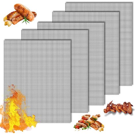 5 Pièces Grille Barbecue Decoupable, 42x36cm Tapis de Gril en Téflon, Réutilisable, Tapis de Gril BBQ pour Gril à Gaz, Charbon de Bois, Gril Electrique, Four, Friteuse à Air
