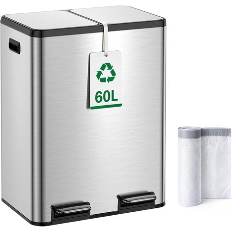 Poubelle Cuisine 2 X 30L à Pédale, 60L Poubelle Tri Sélectif Recyclage Double Compartiment Inox,Couvercle Soft Close Silencieux,2 Seaux Amovibles Intérieurs,Anti-Odeurs (Argent) (1/5)