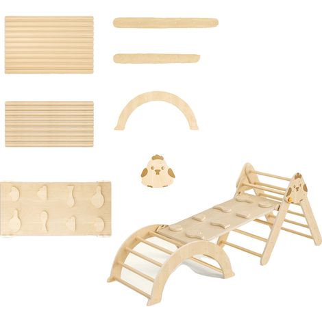 Sala giochi, struttura in legno massello, elementi di arrampicata regolabili, colore giallo chiaro (1/2)