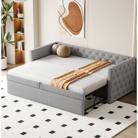 Letto divano imbottito moderno in velluto grigio chiaro 90x200 cm con rete a doghe estraibile