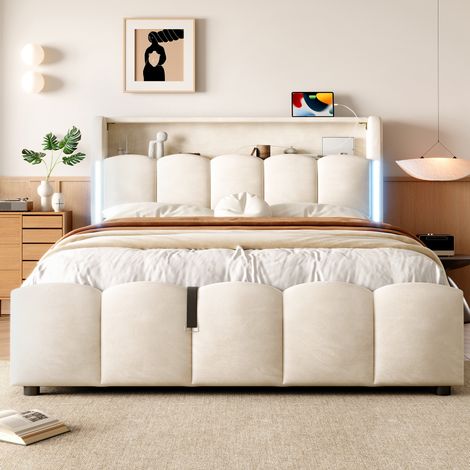 DESVIAE Lit coffre rembourré en velours 140 x 200 cm avec éclairage LED tête de lit avec rangement relevable ports USB et USB C beige (1/5)