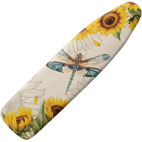 Housse de table à repasser avec imprimé artistique tournesol et libellule, convient pour table à repasser 45 × 125 cm, housse de rechange en coton perméable à la vapeur avec couche de rembourrage pour (1/4)