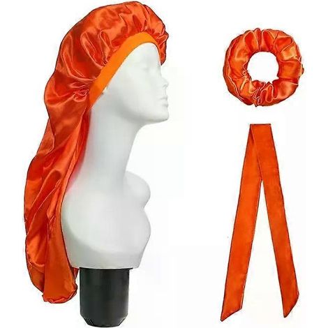 Ensemble de soins capillaires - 3 pièces : bonnet long, turban et élastique à cheveux orange (1/2)