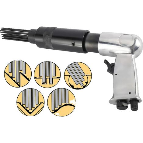 Scalpeur à aiguille pneumatique, Vitesse à vide 4500 tr/min, Dimensions 26x18x6 cm, Compatibilité connexion d'air 1/4 pouce, Pression de fonctionnement maximale 6-8 kg, Quantité d'aiguilles 19 (1/5)