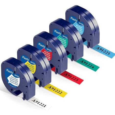 5 Rouaux Étiquettes 12mm x 4m Thermique Noir sur Blanc Rouge Jaune Bleu Vert pour Dymo LetraTag LT-100T LT-100H XR Usage Bureau Maison École (1/5)