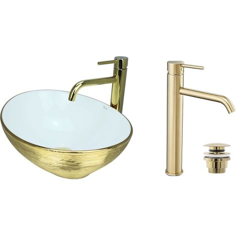 GTM Design Aufsatzwaschbecken 41 cm Glanz Set mit Waschtischbatterie und Stopfen - Aufsatzwaschbecken Oval für Badezimmer - Modern Waschbecken ohne Hahnloch - Waschbecken mit Armature (1/5)