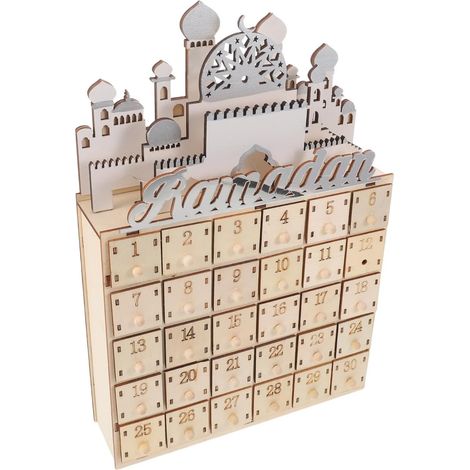 Beige Wooden Ramadan Festival Calendar with 30 Mini Drawers and LED Light, Table Ornament for Eid Festive Decoration in the Living Room (1/5)