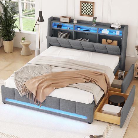 Bett Polsterbett Stauraum 140x200 Leinen Grau OKMYHOME (1/5)