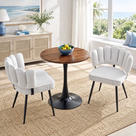 OKWISH Rundtisch-Set 60 cm aus MDF mit 2 hellgrauen Samtstühlen (1/5)