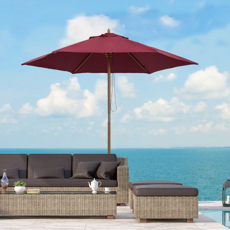 Parasol bois Ø250x230cm extérieur système poulie 6 tiges, grenat