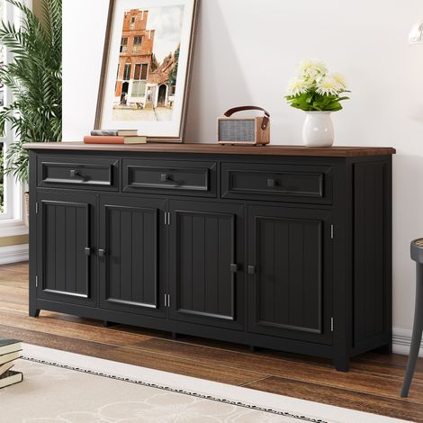 meuble rangement buffet 160 cm 3 tiroirs 4 portes noir OKMYHOME