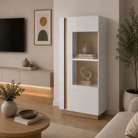 Vitrina Kato, Mueble Expositor 2 Estantes, Una Puerta, con LED, 72x40x154h cm Blanco Brillante (1/3)