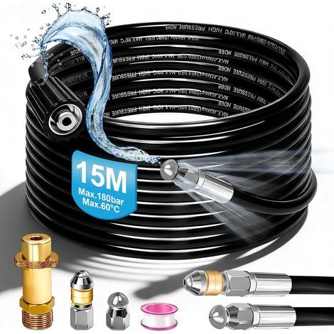 x 15 m Reinigungsschlauch, 180 bar, drehbare Düse, M22-Adapter für Kärcher-Rohre (1/5)