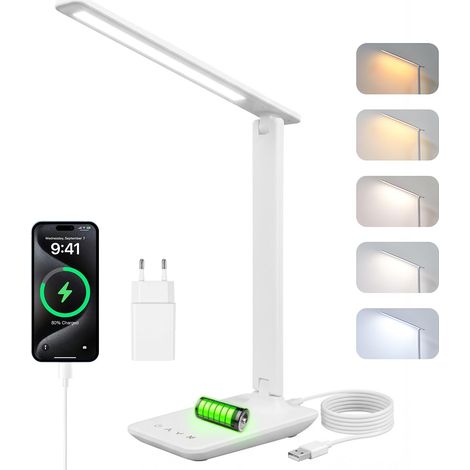 Lampe de Bureau Puissante - 5 Modes de Couleurs et 5 Niveaux de Luminosité Réglables - Rotation sur 3 Axes - Protection des Yeux - Lampe de Lecture avec Port USB (blanc - à piles) (1/5)