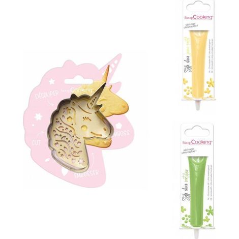 Kit pour biscuit en relief Licorne + 2 Stylos au chocolat jaune pastel et vert clair