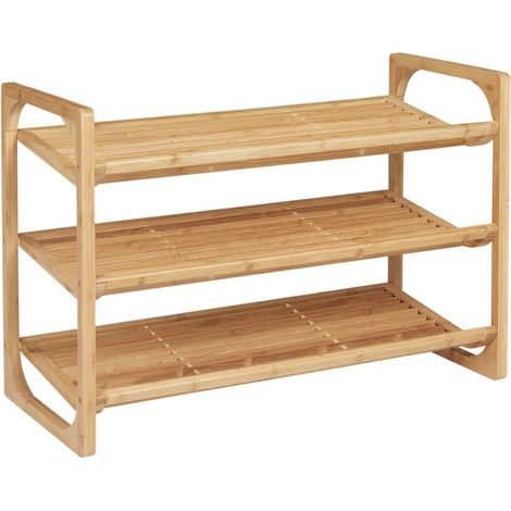 Étagère à chaussures en bambou pour 9 paires, 3 niveaux, bords surélevés, dimensions 76 cm x 33 cm x 51 cm, rangement pratique (1/5)