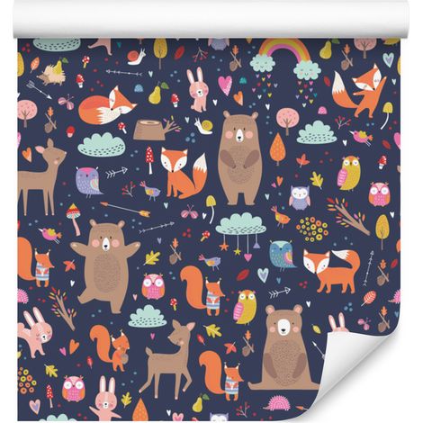 Papel pintado de animales del bosque jugando para salón y dormitorio, 50x1000 cm. (1/5)