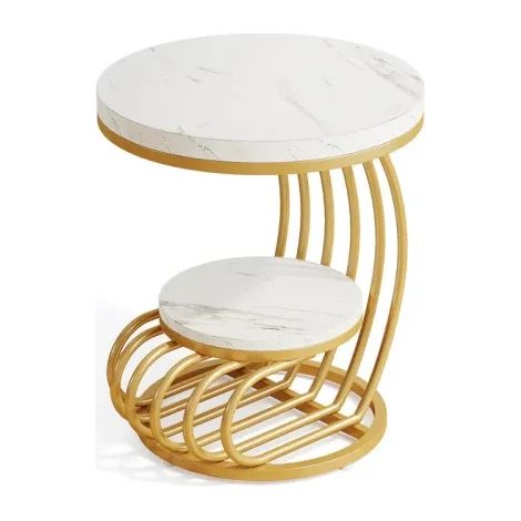 Mesa auxiliar redonda de 2 niveles efecto mármol blanco y metal dorado 50 x 50 x 63 cm (1/5)