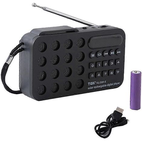 Radio FM rechargeable solaire, radio sans fil, compatible USB et carte TF, récepteur radio Bluetooth, noir. (1/5)