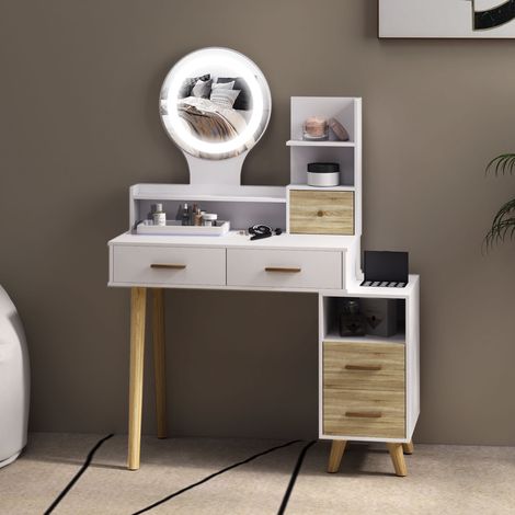Schminktisch mit Spiegel und verstellbarer LED-Beleuchtung, 5 Schubladen, 4 Fächern und 1 Ablage, 100 x 44 x 137 cm, weiß und natur