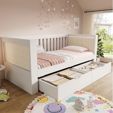 MEUBLIV Lit 90x190 cm blanc – avec 2 tiroirs, dossier et accoudoirs, sans matelas (1/5)