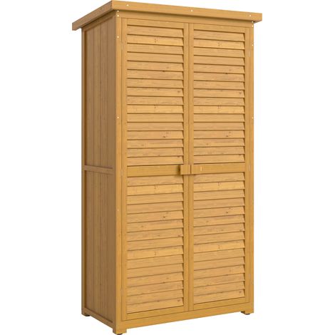 Armoire de rangement jardin bois massif 2 niveaux, toit bitumé, portes à persiennes, 87x47x160 cm, naturel (1/5)
