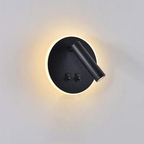 Lámpara De Pared Led MINKUROW, Lámpara De Lectura De Cabecera, Luces De Lectura De Pared Led De 9 W, Foco Ajustable (Luz Cálida De 3000 K) Negro (Forma Redonda) (1/5)