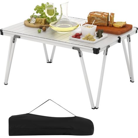 Table de Camping Pliante Grande Surface 93 x 69 cm, avec Plateau Etanche et Enroulable Léger Structure en Aluminium Charge 80KG (Argenté) (1/5)
