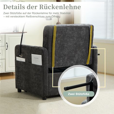 Canapé-lit 2-en-1, fauteuil convertible, avec coussin et poches latérales, table d'appoint intégrée et rangement, tissu chenille gris, 2 en 1, 1 place (1/5)
